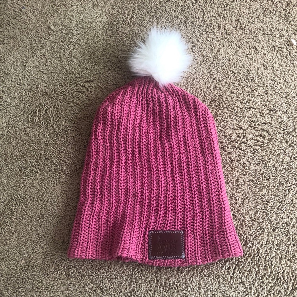 Pink love your melon beanie hat with white puff Pom Pom